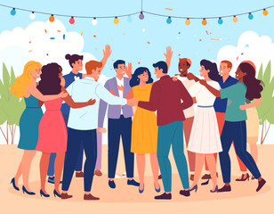 A diverse group of happy friends hug and celebrate together at an outdoor party. A joyful scene of community, friendship, and connection under festive lights.