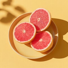 Overhead shot of a yellow plate holding three halves of pink grapefruit on a yellow surface