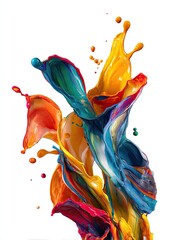 Vibrant paint splashes of orange, yellow, blue, and green erupting against white
