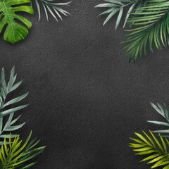 Lush tropical leaves artfully arranged on a dark textured background, centered