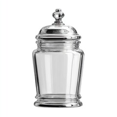 Clear glass jar with silver-toned metal lid.  Elegant, decorative storage container