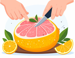 Hands cutting a large pink grapefruit with a knife on a wooden board, with additional citrus slices.