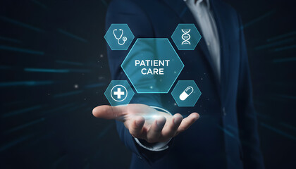 Healthcare administrator presenting patient care concept with medical icons.