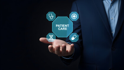 Fototapeta premium Professional holding patient care hologram for healthcare management concept.