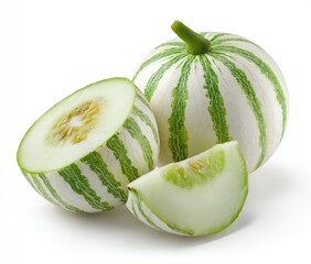 Several round melons, one sliced, showcasing vibrant green stripes and pale flesh