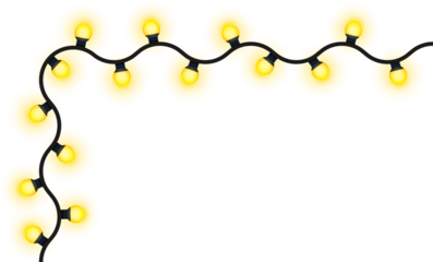 Yellow String Lights Decorative glowing yellow string lights with sparkles, realistic festive garland for Christmas, New Year, and party designs, isolated vector for banners, cards, winter