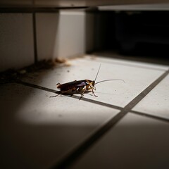 Illuminated insect crawls across light colored floor tiles near a dark space.