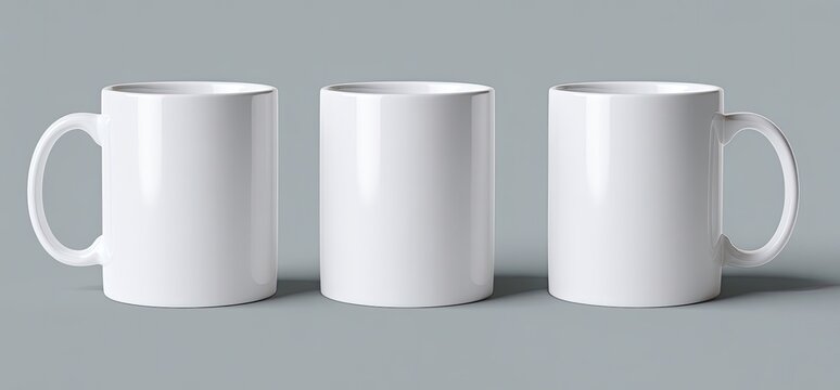 Three pristine white ceramic coffee mugs in a row on a grey background. Each displays the handle and body