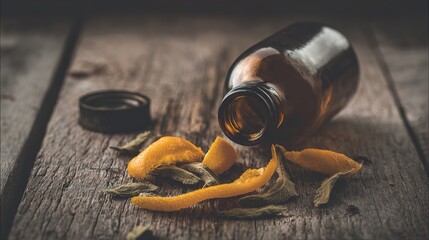 cork. Amber-colored liquor bottle on a wooden table with orange peels and herbs. bar promotions, beverage menus, designed for product packaging and bar promotions, used by curriculum designers.