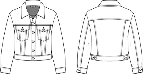 Denim jacket fashion CAD technical flat sketch, detailed front and back vector illustration for apparel design, garment construction blueprint drawing