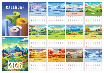 A vector design template of a calendar 2026 with landscape flat design 