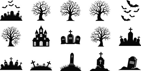 Halloween Graveyard and Spooky Elements Silhouettes Set Vector Illustration; Haunted House, Scary Trees, Bats, Gravestones, Tombstones, and Cemetery Graphic Collection.