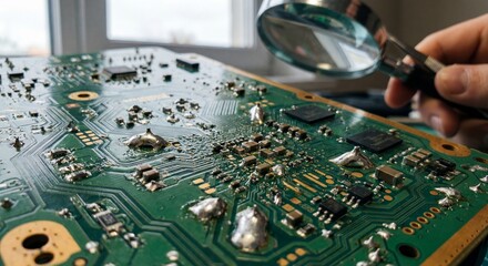 Examining circuit board with magnifying glass, closeup view of electronic components and soldering.