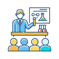 Teacher gives a lecture to students in a university auditorium. Science education and learning concept
