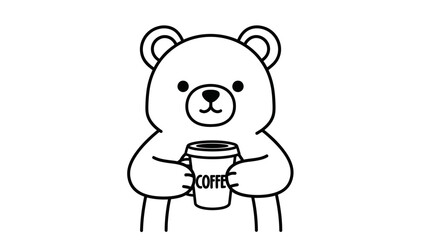 Cute Bear Holding Coffee Cup Line Art
