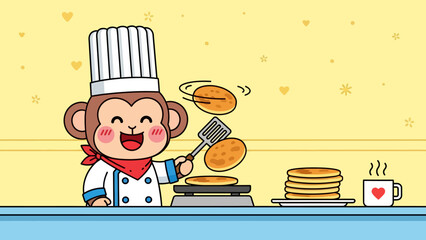 Cute Monkey Chef Making Pancakes Illustration