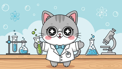 Cute Scientist Cat in Chemistry Lab Illustration