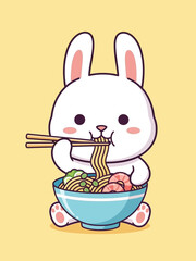 Cute Bunny Eating Ramen Cartoon Illustration