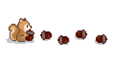 Pixel art of cute brown squirrel holding 4 acorn with transparent background. can be used for wallpaper, template card, icon, game asset, and background. Simple and cute card © evan