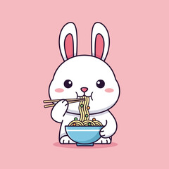 Cute Cartoon Bunny Eating Noodles Illustration