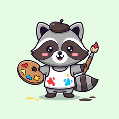 Cartoon Raccoon Artist with Paint Palette and Brush