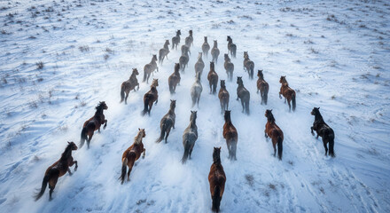 Snowfield galloping horse herd
