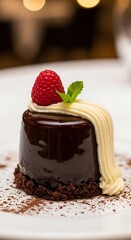 Elegant dark chocolate dessert is decorated with fresh berry and cream swirl