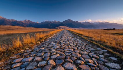 Fototapeta premium Cobblestone path leading to distant mountains at sunset. Golden, dry grassland surrounds the ancient path
