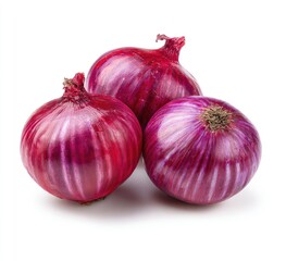 Three vibrant purple onions clustered together against a white background