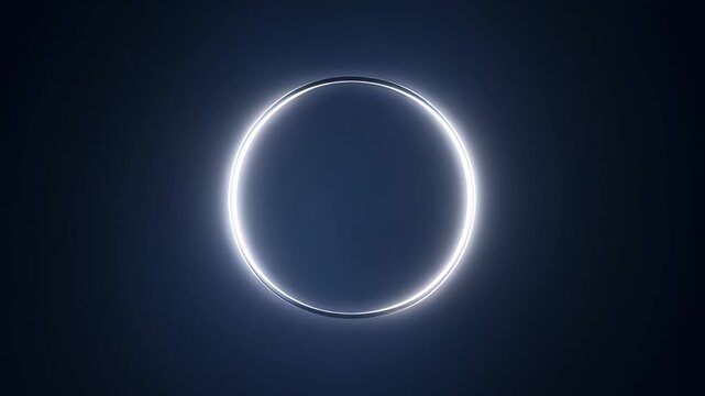 Glowing silver ring rotating against a dark navy blue background in a seamless 3D animation, creating a futuristic portal or luxury abstract loop.