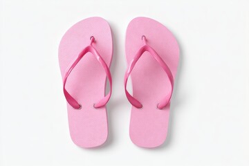 Two bright pink flip-flops sit isolated on a white background, overhead shot