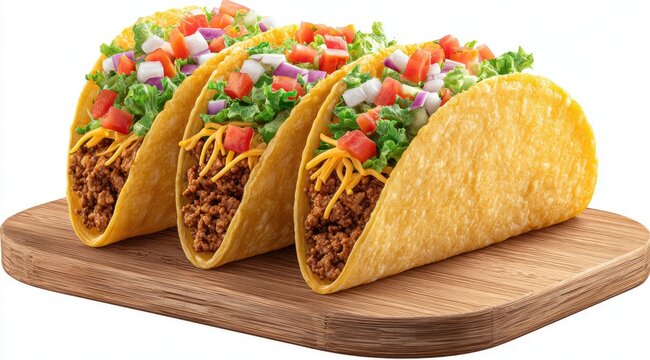 Close-up of three hard-shell tacos filled with seasoned meat, lettuce, tomatoes, & cheese