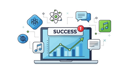 Fototapeta premium Laptop with success graph and icons representing business growth and communication