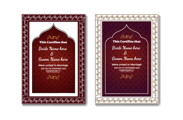 Islamic Marriage Certificate Template with Traditional Arch Frame  Elegant Nikah Design in Red and Maroon Colors