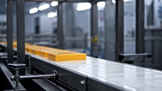 Blocks of yellow-orange food items on a conveyor belt in a factory setting