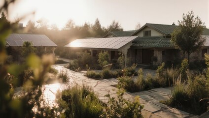 Serene Landscape with Buildings and Lush Vegetation at Sunset.
