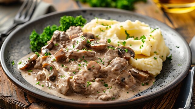 A plate of beef stroganoff with mashed potatoes and broccoli on a wooden surface close up view