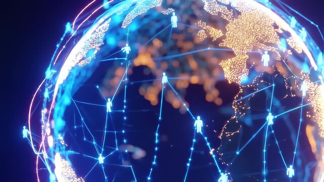 A glowing Earth globe with connected human figures, depicting global network, communication, & connections