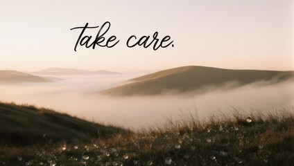 Serene landscape with fog and the words take care, a peaceful scene.