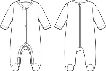Infant Footed Pajama with Snap Front Placket and Back Zipper Closure, CAD Drawing Flat Vector Illustration © SreeShontusChandra