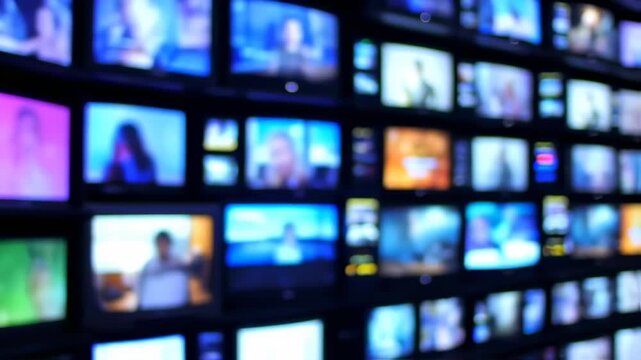 Blurred close up of a wall of television monitors displaying various content