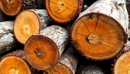 Stack of freshly cut tree logs revealing circular growth rings, showcasing a natural wood texture with visible bark