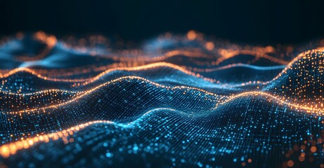 Abstract digital landscape with glowing blue and orange waves of light particles creating a futuristic ethereal and vibrant technological data visualization