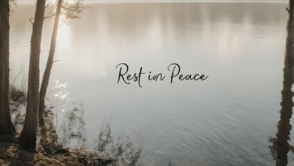 Serene Misty Lake with Rest in Peace Message.