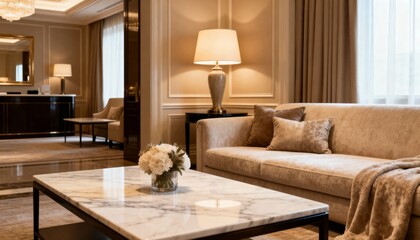 Elegant Luxury Living Room Interior with Marble Fireplace