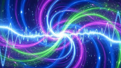 Abstract Swirling Energy Waves in Hypnotic Neon Colors Creating a Cosmic Vortex with Scientific Glow
