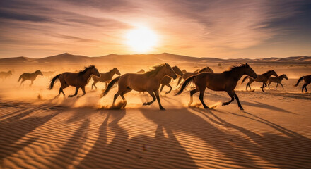 The galloping horse in the desert under the rising sun