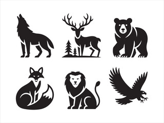 Collection of Wild Animal Vector Silhouettes Including Lion Eagle Wolf Deer Fox Hare Bear and fox