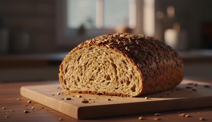 Freshly baked bread loaf on wooden board with selective focus