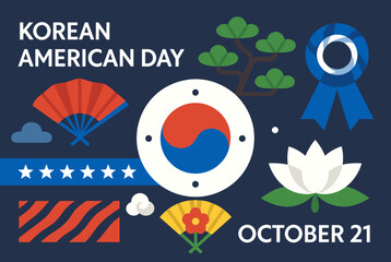 Illustration for Korean American Day on October 21, featuring cultural symbols like the Taegeuk, traditional fans, lotus flower, and stylized American flag elements.